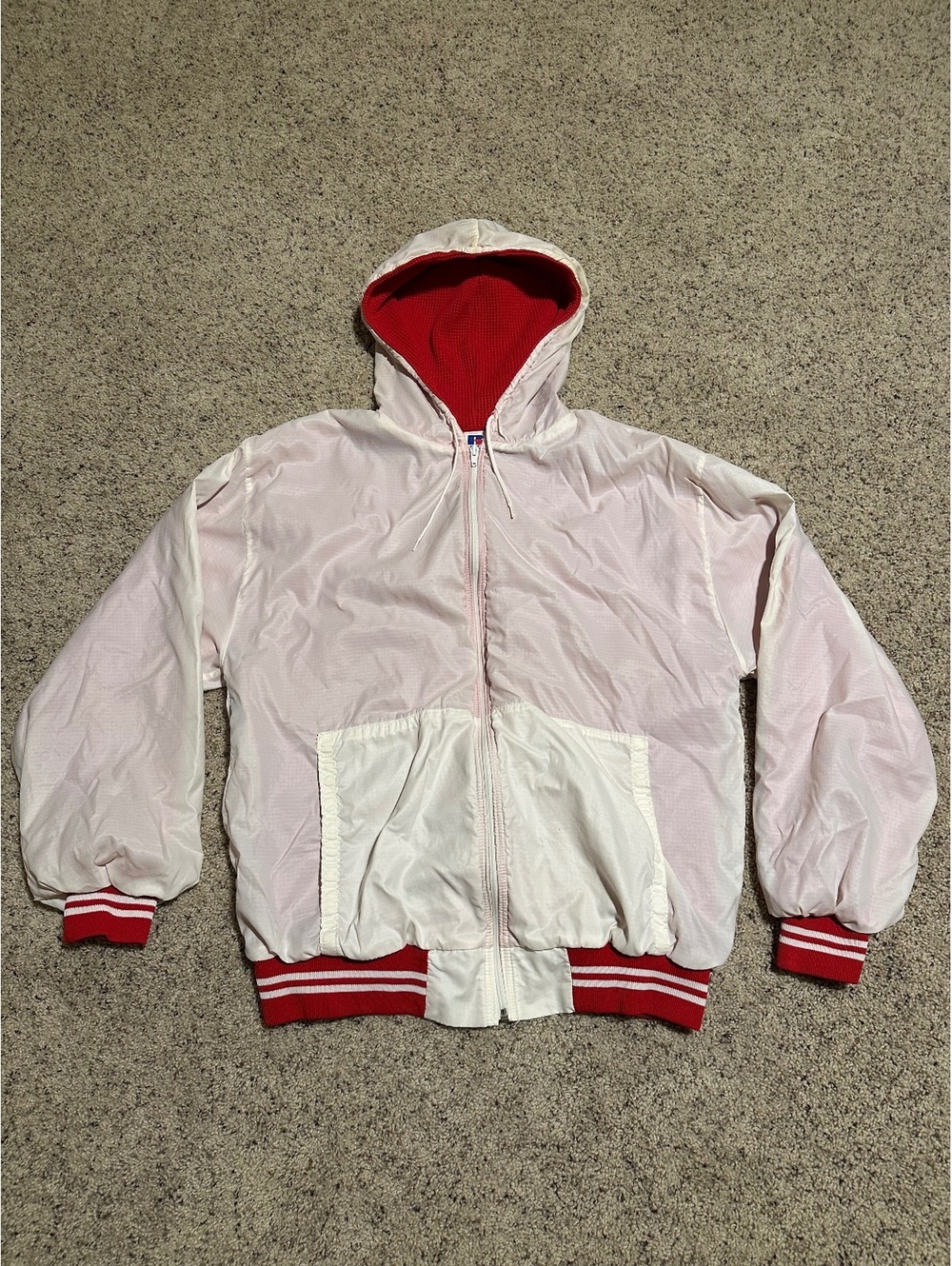 Vintage Russell Athletic White and Red Hooded Full Zip Jacket XL